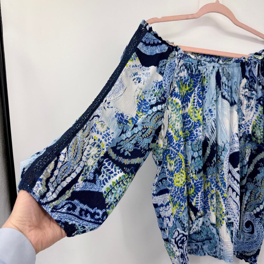 Desigual Off Shoulder Top Size XL Long Sleeves Blue Paisley Mediterranean Resort - Picture 6 of 14